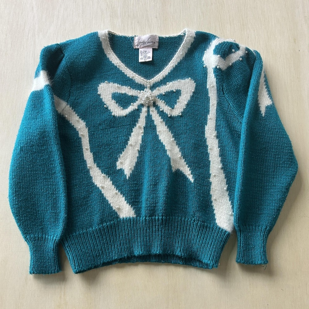 Vintage Jaclyn Smith Sweater Womens Large Blue Bow Beaded V‎ Neck Holiday Knit